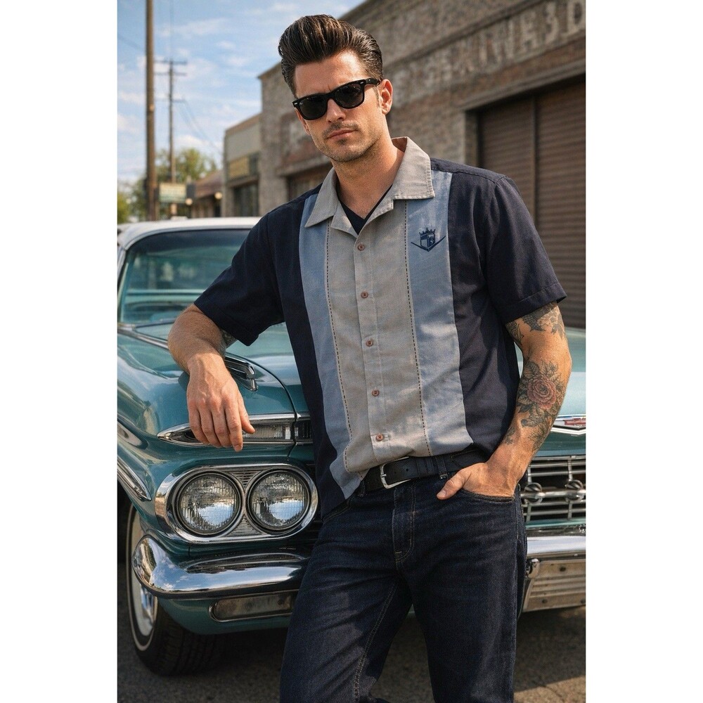 Steady Vintage Rockabilly Bowling Shirt Shield Crest Embroidered 2X Navy Gray